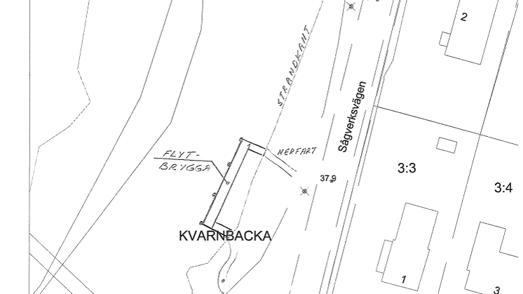 Ritning som visar var flytbryggan ska placeras
