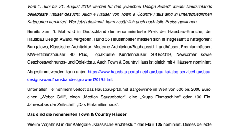 Hausbau Design Award 2019: Town & Country Haus mit 4 Häusern nominiert - Wählen Sie jetzt Ihr Lieblingshaus!