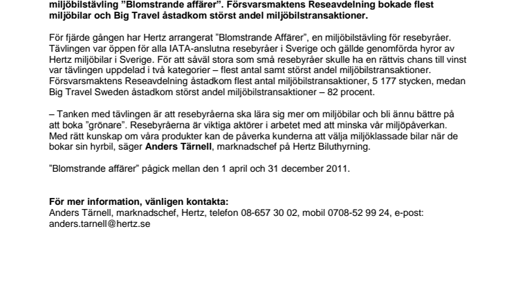 Försvarsmaktens Reseavdelning och Big Travel Sweden vinnare i Hertz miljöbilstävling