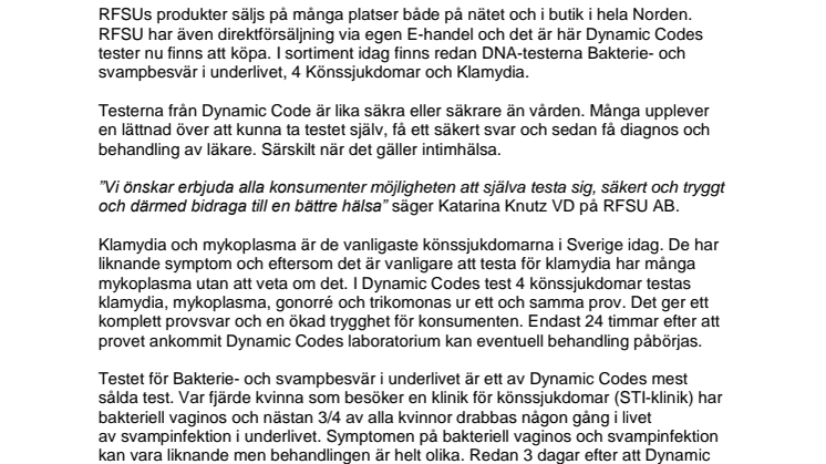 RFSU breddar sitt erbjudande med Dynamic Codes DNA-tester i sin webbshop