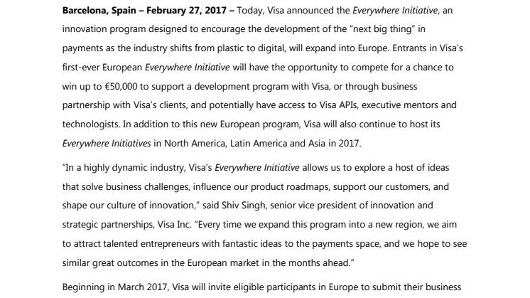 Visa to Launch First Everywhere Initiative in Europe