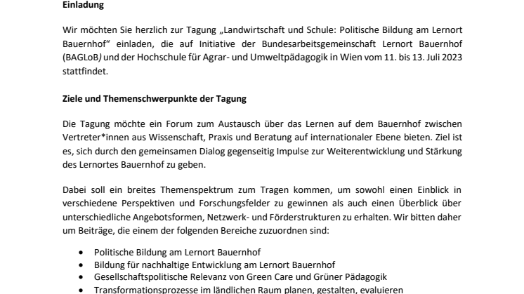 Call for papers | 6. Wissenschaftstagung Lernort Bauernhof Wien