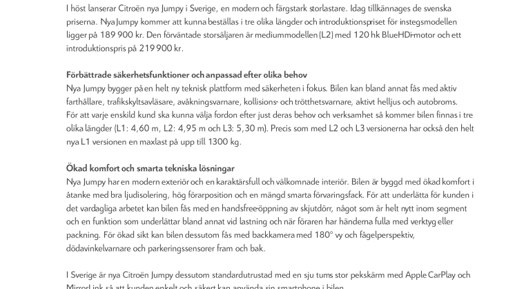 SVENSKA PRISET KLART FÖR NYA CITROËN JUMPY