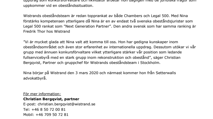 ​Wistrand rekryterar advokaten Nina Baecklund till rekonstruktion och obestånd