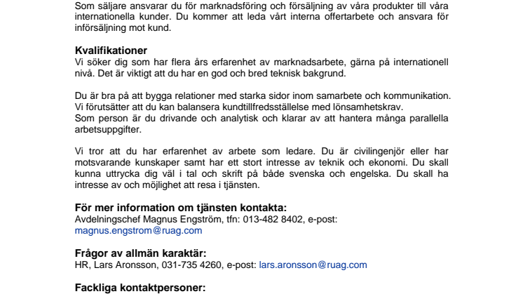 RUAG Space i Linköping söker Säljare