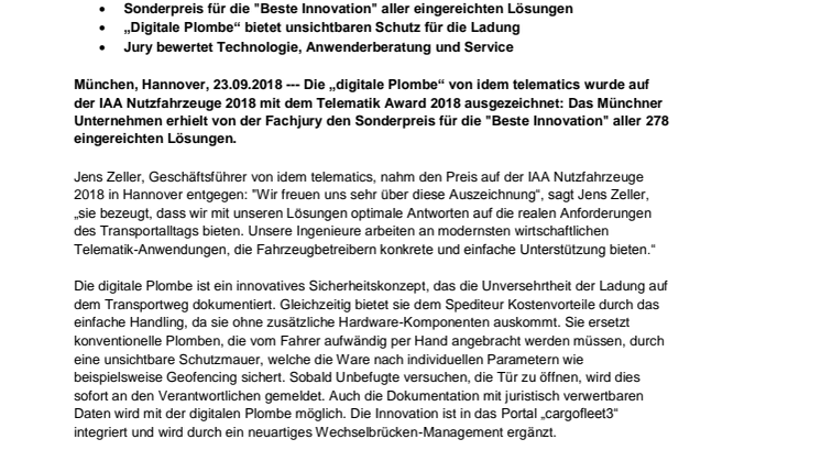 „Digitale Plombe“ von idem telematics mit Telematik Award 2018 als "Beste Innovation" ausgezeichnet 
