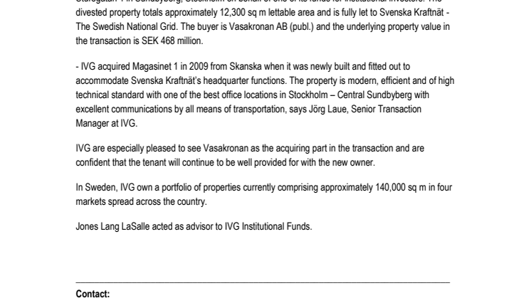 IVG completes the divestment of a prime office property in Sweden 