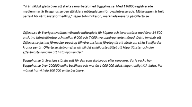 Offerta.se inleder samarbete med Byggahus.se