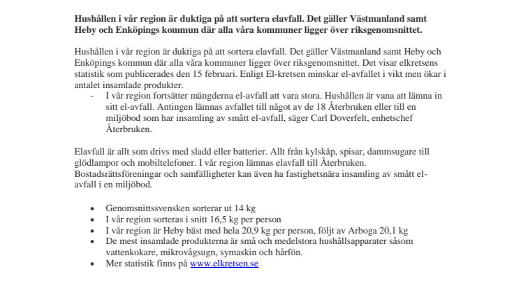 Hushållen i vår region fortsatt duktiga på att lämna in el-avfall