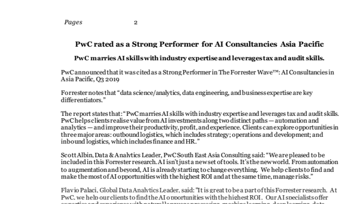 ​PwC rated as a Strong Performer for AI Consultancies Asia Pacific