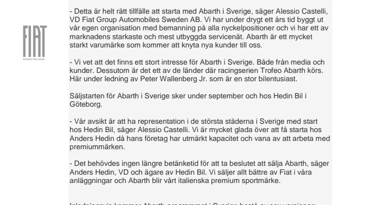 Fiat Group i Sverige börjar sälja Abarth