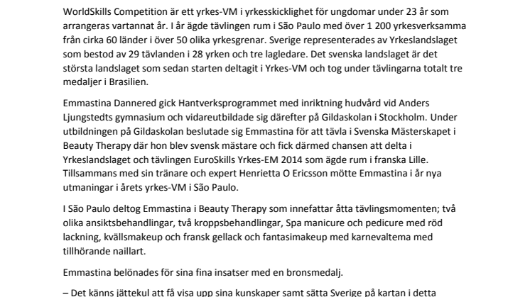 Hudterapeut Emmastina Dannered på Vadstena Klosterhotel tog VM-brons i WorldSkills, São Paulo 2015