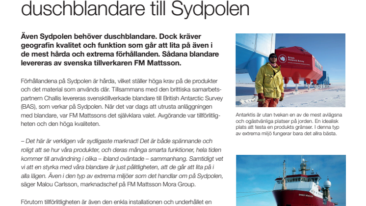 FM Mattsson levererar duschblandare till Sydpolen
