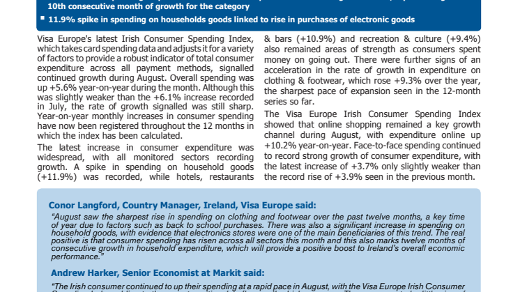 Visa Europe's Irish Consumer Spending Index - 8 September 2015