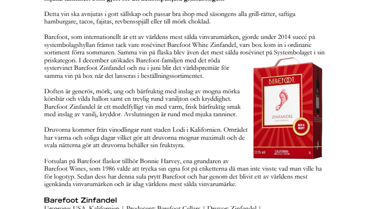 Inled grillsäsongen med bärfruktiga Barefoot Zinfandel från Kalifornien – nu även på box.