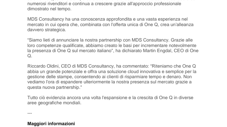 MDS Consultancy – A new Italian VAD for One Q Technologies 