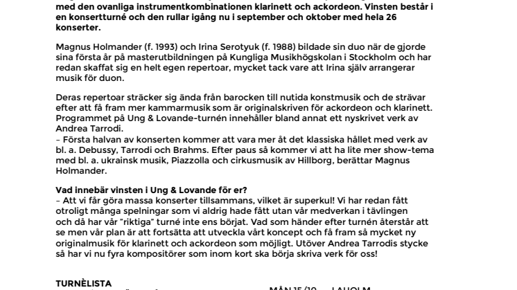 Ung & Lovande-turné med Magnus Holmander och Irina Serotyuk
