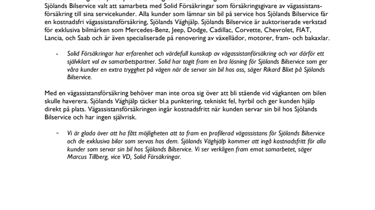 Solid Försäkringar och Sjölands Bilservice i samarbete