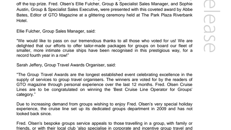 Fred Olsen Cruise Lines wins top cruise accolade in the '2014 Group Travel Awards' for a record fourth year in a row!