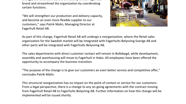 Fagerhult increases the focus on Retail