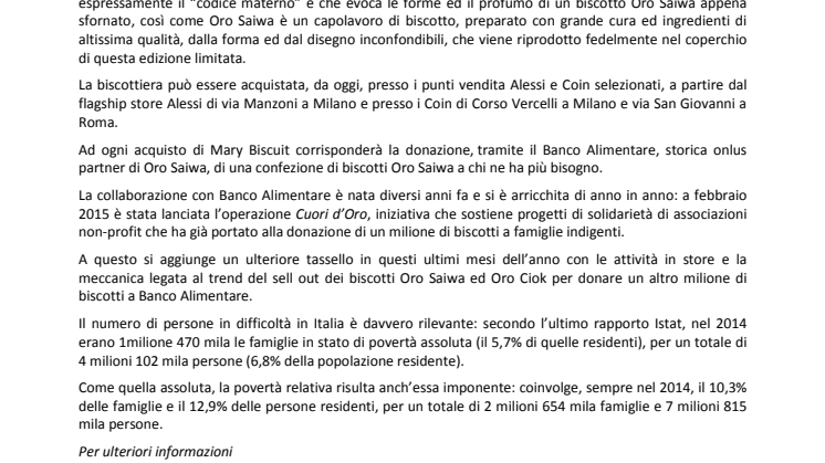 ORO SAIWA E ALESSI PRESENTANO LA BISCOTTIERA MARY BISCUIT IN EDIZIONE LIMITATA