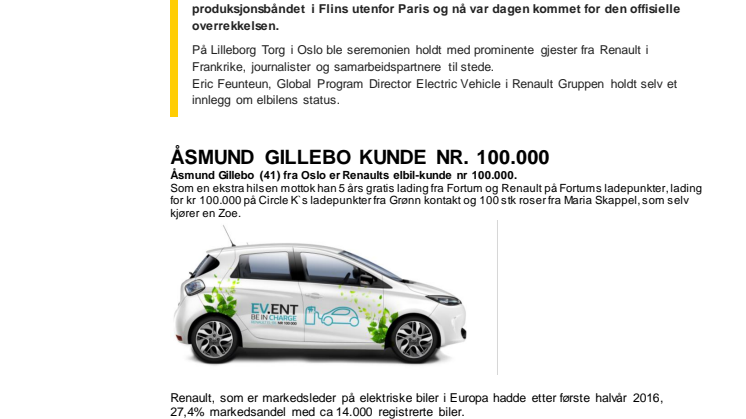 Elbil nr 100.000 fra Renault overlevert i Oslo