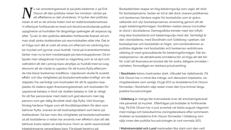 Erik Olsson Fastighetsförmedling kommenterar bostadsmarknaden 14 september 2016