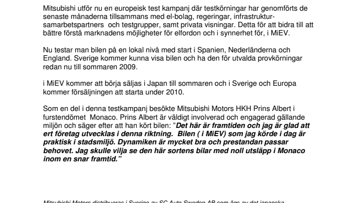 Mitsubishis el-bil "i MiEV" provkörd av HKH Prins Albert i Monaco