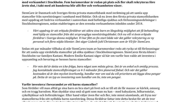 Dansk stamcellsbank etablerar sig i Sverige och rekryterar i Stockholm
