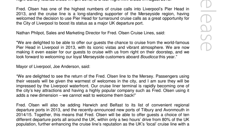 Fred. Olsen Cruise Lines’ Boudicca starts cruise season from Liverpool’s iconic Pier Head