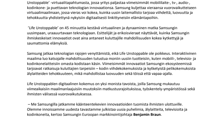 Samsung Electronics järjestää Life Unstoppable -virtuaalikokemuksen