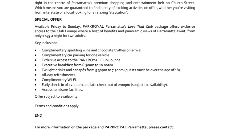 The Ultimate Weekend Getaway at PARKROYAL Parramatta