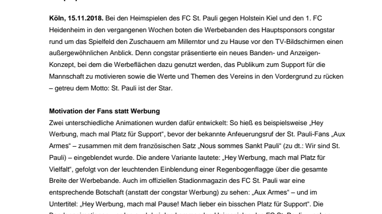 Neues congstar Kommunikationskonzept am Millerntor