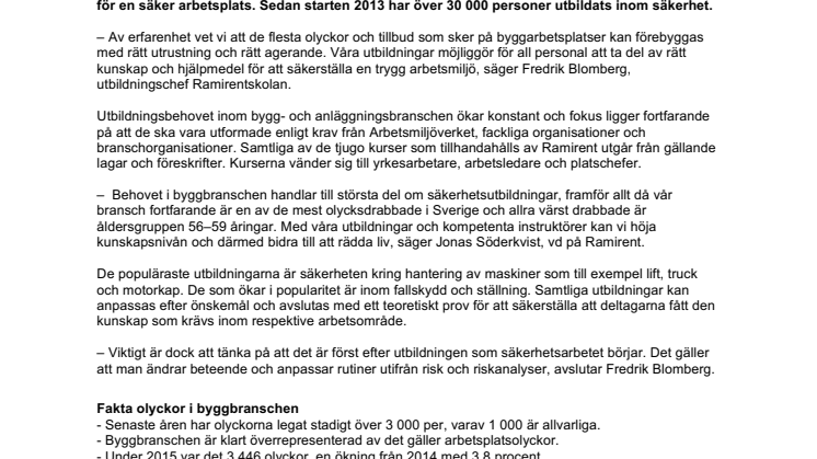 Ramirentskolan: Över 30 000 har utbildats för att minska olycksrisken