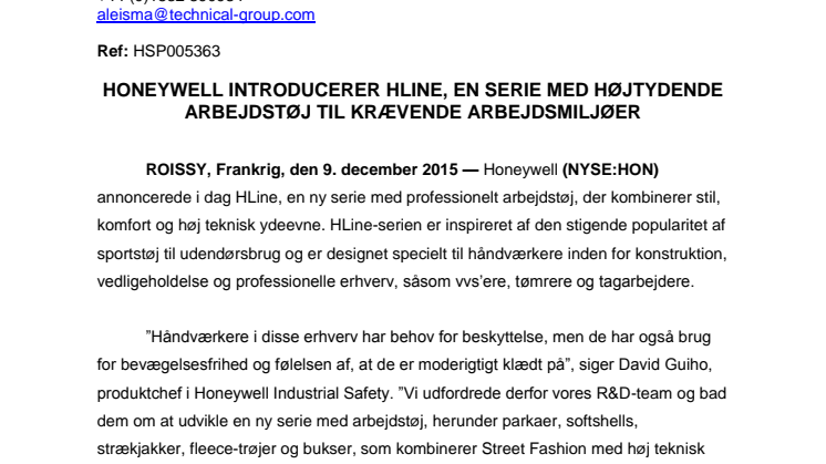 Honeywell introducerer HLine, en serie med højtydende arbejdstøj til krævende arbejdsmiljøer