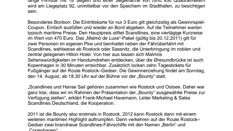 Landratten aufgepasst: Scandlines Tagestouren auf der „Bounty" zu gewinnen