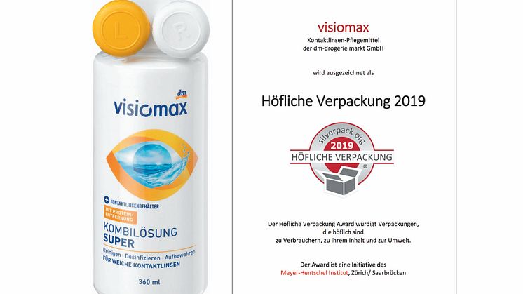 Die visiomax Kombilösung Super wurde mit dem SilverPack Award „Höfliche Verpackung“ ausgezeichnet.