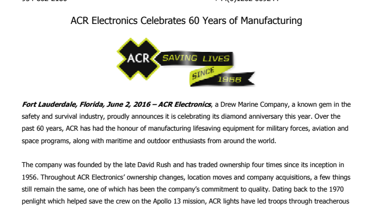 ACR Electronics Inc: Celebrates 60 Years Of Manufacturing