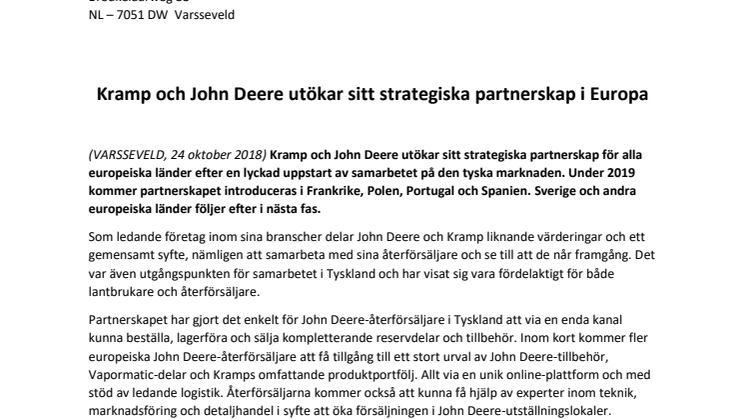 Kramp och John Deere utökar sitt strategiska partnerskap i Europa