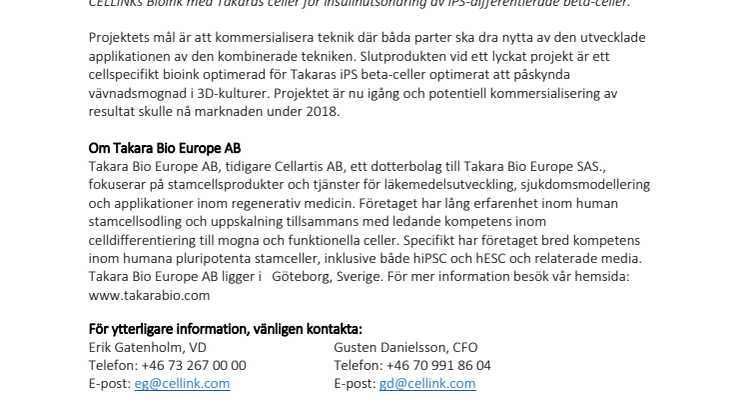 CELLINK ingår ett utvecklingssamarbete med Takara Bio
