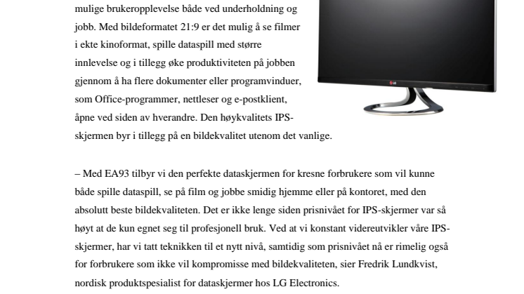 LG EA93 – IPS-SKJERM FOR JOBB OG UNDERHOLDNING I SUPERBREDT 21:9-FORMAT