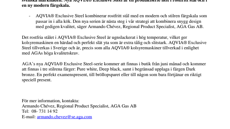 AQVIA® Exclusive Steel – Testvinnare i ny stålversion från AGA