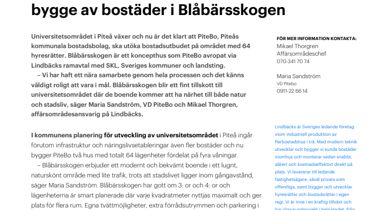 PiteBo och Lindbäcks tecknar avtal om bygge av bostäder i Blåbärsskogen