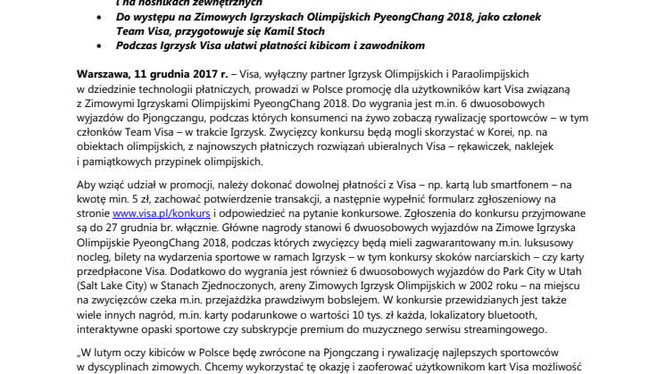 Wyjazdy na Zimowe Igrzyska Olimpijskie PyeongChang 2018 głównymi nagrodami w najnowszej promocji Visa