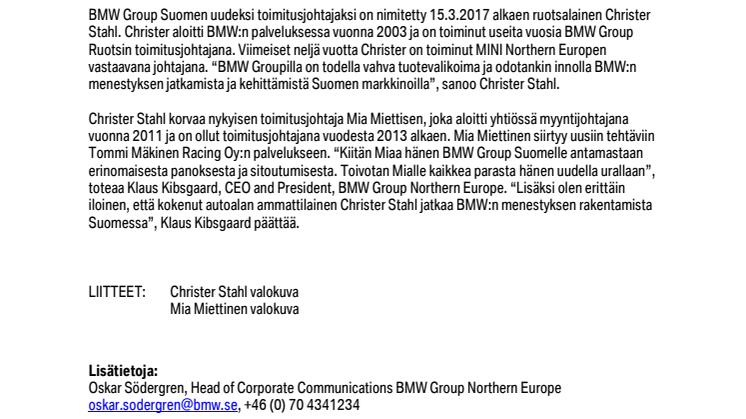 BMW Group Suomelle uusi toimitusjohtaja