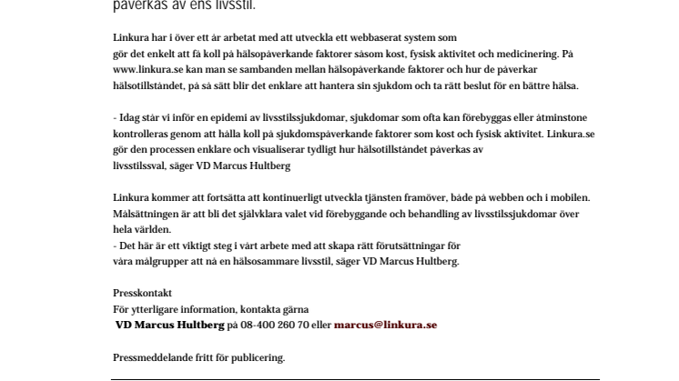 Linkura lanserar unik webbtjänst för personer med Livsstilssjukdomar
