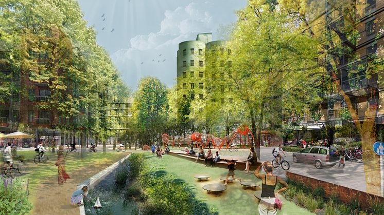 Jörgen Kocksgatan omvandlas till ett grönt stråk med plats för sport, lek och avkoppling. 