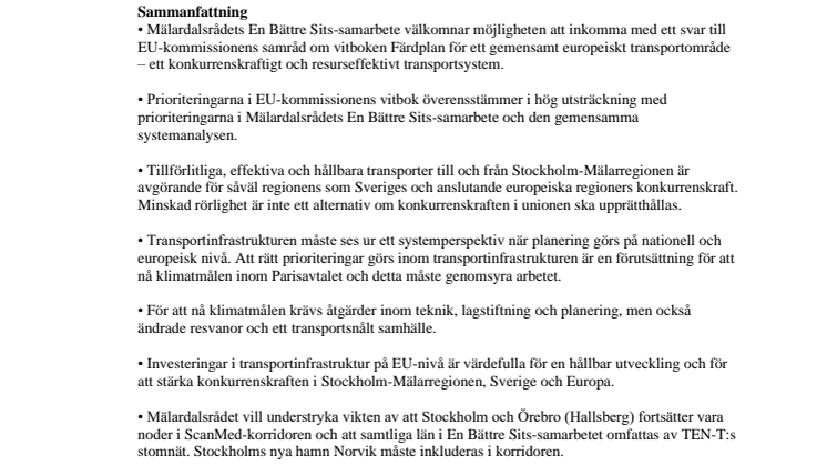 Mälardalsrådets En Bättre Sits Samrådssvar EUs vitbok om transporter