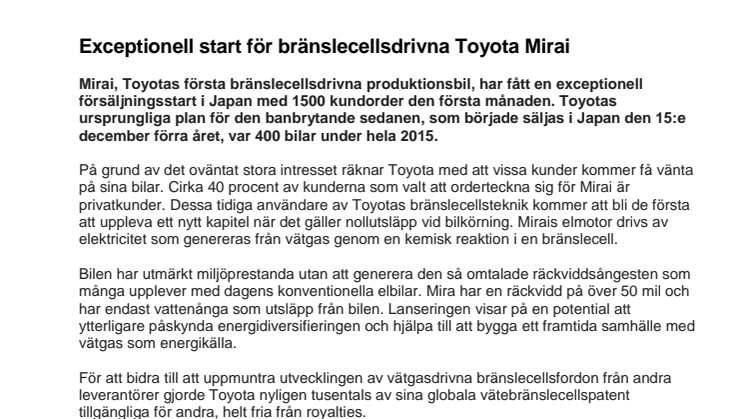 Exceptionell start för bränslecellsdrivna Toyota Mirai