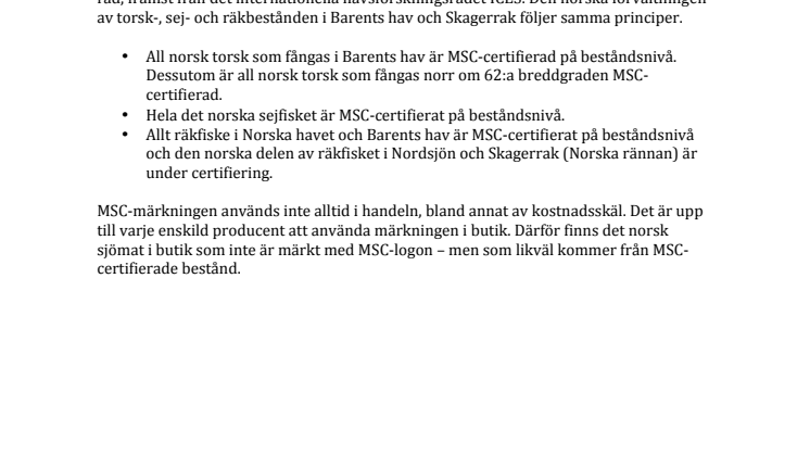 Norska bestånden av torsk, sej och räkor är hållbara och MSC-märkta